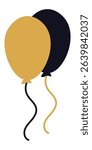 Two balloons, one gold and one dark blue, are floating upwards held by curly ribbons, creating a festive atmosphere against a clean white background