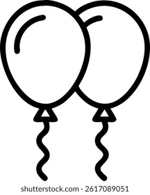 Two balloons are outlined in black with curly strings, perfect for party or celebration decorations. Simple style.