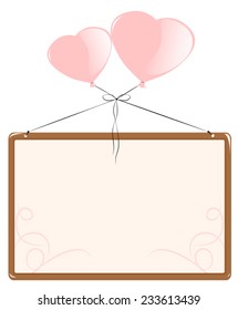 Two balloons in the shape of hearts attached to an empty frame, vector illustration