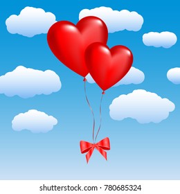 Two balloons in the shape of hearts on a sky. Vector illustration