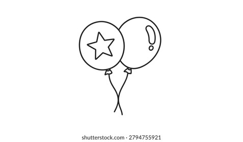 Two balloons with star and exclamation mark black line drawing on white background