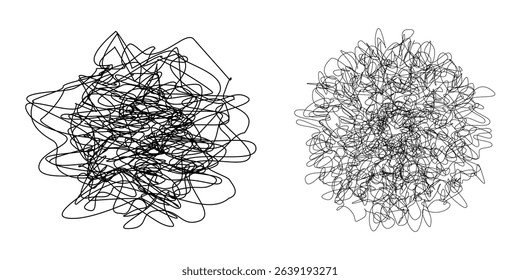 Two balls of chaos of black threads on white bg with loop texture. Ink scribbles. Vector illustration