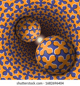 Two balls are moving in hole. 3d objects of cruciform shapes pattern. Optical illusion abstraction in a surreal style.