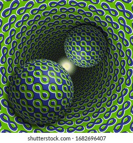 Two balls are moving in hole. 3d objects of infinity symbols pattern. Optical illusion abstraction in a surreal style.