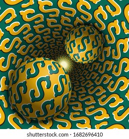 Dos bolas se mueven en el agujero. Objetos 3d de patrón de signos de dólar. La abstracción de ilusión óptica en un estilo surrealista.