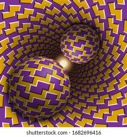 Two balls are moving in hole. 3d objects of zigzag shapes pattern. Optical illusion abstraction in a surreal style.