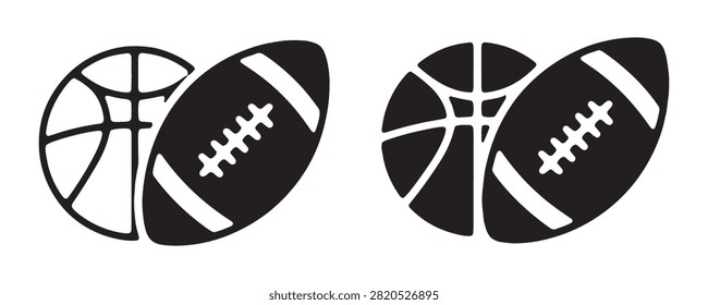 Two balls, oval and round, representing basketball and football. Team sport equipment, active recreation choice.