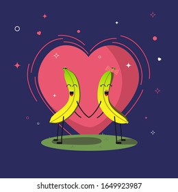 Two bananas in love. Illustration for Valentine's day. Funny fruits holding hands against the background of the heart. Bananas lovers