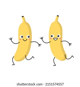 Two bananas run cute character cartoon smiling face happy joy emotions vector illustration.