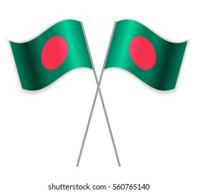 Two Bangladeshi crossed flags. Combined Bangladesh isolated on white. Language learning, international business or travel concept.