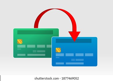 Two bank cards and red arrow above them, concept of money transferring from card to card, payments, finance operations, card transactions, e-commerce and business