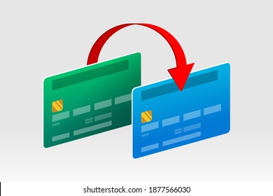 Two bank cards and red arrow above them, concept of money transferring from card to card, payments, finance operations, card transactions, e-commerce and business