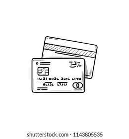 Two bank credit cards hand drawn outline doodle icon. Bank payment, business and commerce, retail concept. Vector sketch illustration for print, web, mobile and infographics on white background.