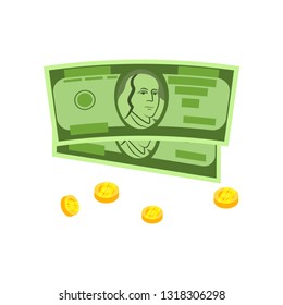 Two banknotes and coins vector. Capital, saving, income. Money concept. Vector illustration can be used for topics like finance, banking, economy