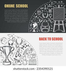 Two banner back to school. Drawing in chalk sketch style on a black board. School supplies, stationery. Semicircle with copy space. Drawn by hand. vector illustration
