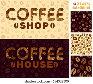 Two banner with coffee inscription from paper shapes and +3 seamless pattern.