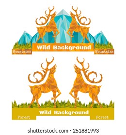 two banner crumpled paper background with deer opposing and forest and mountains on horizon