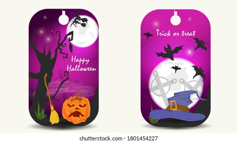 two banner stickers, for decoration design, on the theme of all saints eve Halloween, pumpkin with a broom and a witchs hat, flat vector illustration