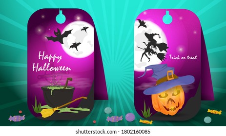 two banner stickers for decoration design on the theme of all saints eve Halloween, pumpkin witch hat and witch cauldron with potion, flat vector illustration