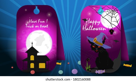 two banner stickers for decoration design on the theme of all saints eve Halloween, Ghost house, black cat witch in a hat, flat vector illustration