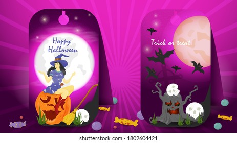 two banner stickers for decoration design on the theme of all saints eve Halloween, a witch sitting on a pumpkin scary stump, flat vector illustration