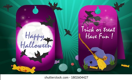 two banner stickers for decoration design on the theme of all saints eve Halloween, night moon witch hat and broom, flat vector illustration