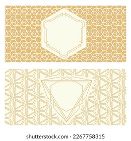 Two banner templates, patterned abstract geometric background and framed label. Two colors Packaging design, vector illustration. Monochrome trellis texture. Simple graphic design.