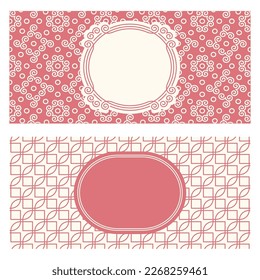 Two banner templates, patterned abstract geometric background and framed label. Two colors Packaging design, vector illustration. Monochrome trellis texture. Simple graphic design.
