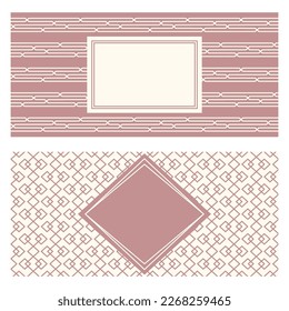 Two banner templates, patterned abstract geometric background and framed label. Two colors Packaging design, vector illustration. Monochrome trellis texture. Simple graphic design.