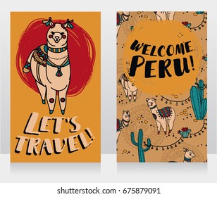 two banner for travel to Peru with cute doodle alapacas, vector illustration