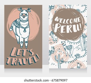 two banner for travel to Peru with cute doodle alapacas, tender palette, vector illustration