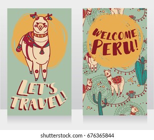 two banner for travel to Peru with cute doodle alapacas, vector illustration