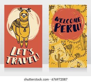 two banner for travel to Peru with cute doodle alapacas, sunny colors, vector illustration