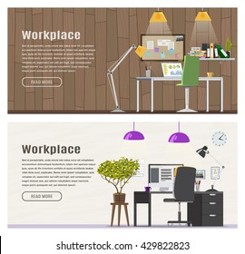 Dos banners para el diseño web. Tema de oficina.Lugar de trabajo. Ilustración vectorial de diseño plano.