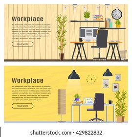 Two banner for web design. Office theme. Workplace. Flat design vector illustration.