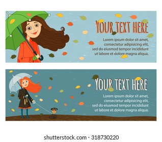 Two banners about autumn with Girl in Rainy Day