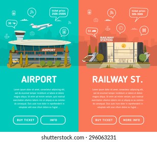 Two banners. Airport with icons, text, buttons and background. Railway station with information.