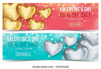Two banners with balloons in the shape of heart for Happy Valentine's Day celebration, sale and discount offers