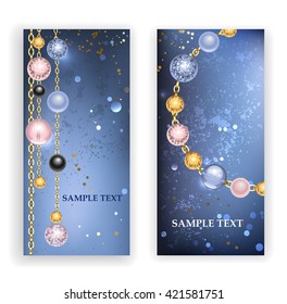 Two banners with black, pink, blue beads and gold chains on textural background.