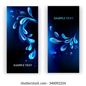 Two banners with blue, transparent water droplets on black background.