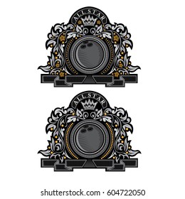 Two banners with bowling ball in center with silver pattern isolated on white. Sport logo for any team or competition all star