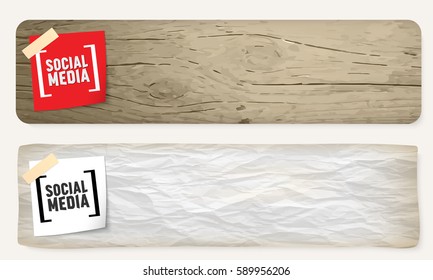 Two banners with brackets and the words social media