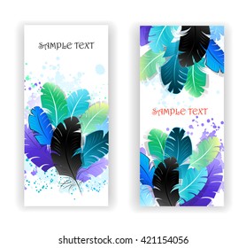 Two banners with bright blue, green feathers on light background.