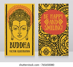 Two banners with Buddha head and ethnic ornament, can be used as greeting card for buddha birthday, happy yellow color, vector illustration 