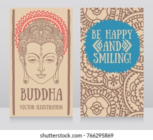 Two banners with Buddha head and ethnic ornament, can be used as greeting card for buddha birthday, vector illustration 