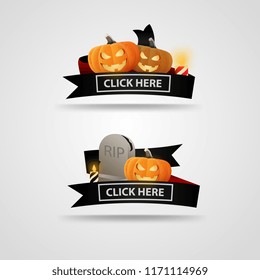 Two banners with buttons, Halloween pumpkins, gravestone and black ribbons