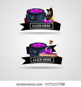 Two banners with buttons, witch's pot and black ribbons