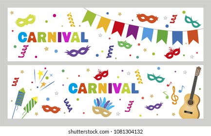 
Two banners with carnival objects. Masks, guitar, firecrackers, confetti, serpentine and other.