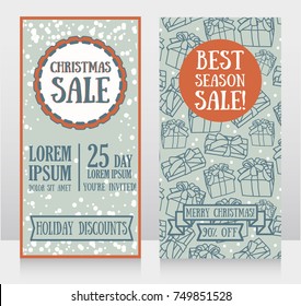 Two banners for christmas seasonal sale with retro style decorations and gift boxes, vector illustration