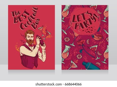 Two banners for cocktails bar with trendy bartender,  can be used as party invitation, vector illustration